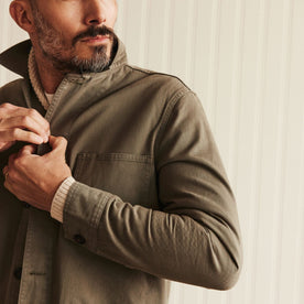 fit model buttoning up The Ojai Jacket in Organic Smoked Olive Foundation Twill, Outerwear by Taylor Stitch