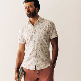 fit model in The Short Sleeve California in Vintage Botanical, Wovens by Taylor Stitch