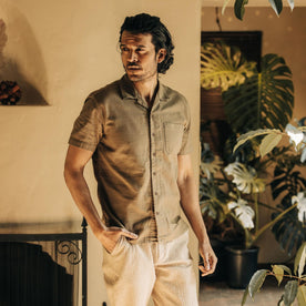 fit model standing in The Short Sleeve Hawthorne in Sea Moss, Wovens by Taylor Stitch