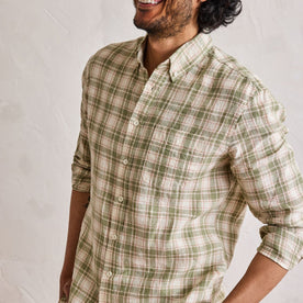 fit model in The Jack in Palm Plaid Linen, Wovens by Taylor Stitch