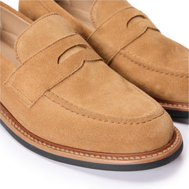 material shot of the front stitching on The Loafer in Tan Suede, Footwear by Taylor Stitch