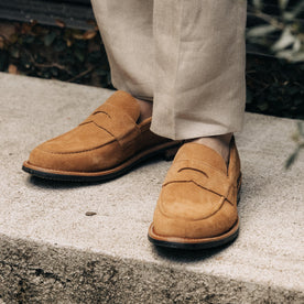 fit model showing off the front of The Loafer in Tan Suede, Footwear by Taylor Stitch