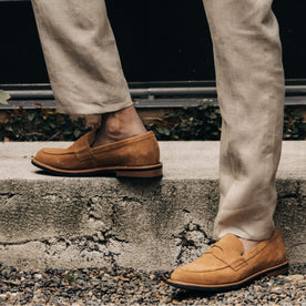 fit model stepping in The Loafer in Tan Suede, Footwear by Taylor Stitch