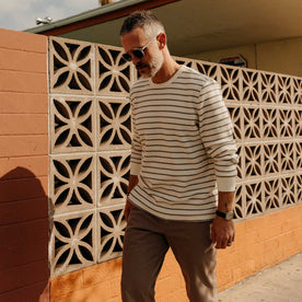 fit model walking wearing The Adams Crew in Cilantro Stripe Reverse Terry, Knits by Taylor Stitch