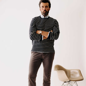 fit model with his arms crossed wearing The Adams Crew in Dark Navy Stripe Reverse Terry, Knits by Taylor Stitch