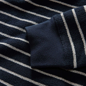 material shot of the cuff on The Adams Crew in Dark Navy Stripe Reverse Terry, Knits by Taylor Stitch