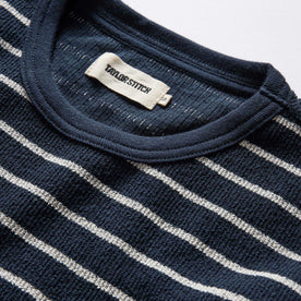 material shot of the collar on The Adams Crew in Dark Navy Stripe Reverse Terry, Knits by Taylor Stitch