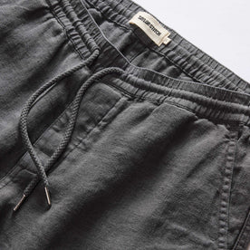 material shot of the waistband on The Apres Short in Faded Black Hemp, Bottoms by Taylor Stitch