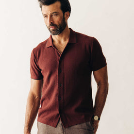 fit model posing in The Button Down Polo in Dried Cherry Herringbone, Knits by Taylor Stitch