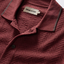 material shot of the collar on The Button Down Polo in Dried Cherry Herringbone, Knits by Taylor Stitch