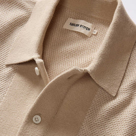 material shot of the collar on The Button Down Polo in Faded Khaki Seed Stitch, Knits by Taylor Stitch