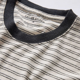 material shot of the collar on The Cotton Hemp Tee in Black Coffee Stripe, Knits by Taylor Stitch