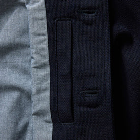 material shot of the inside pocket on The Crew Jacket in Raw Indigo Sashiko, Outerwear by Taylor Stitch