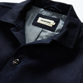 material shot of the collar on The Crew Jacket in Raw Indigo Sashiko, Outerwear by Taylor Stitch