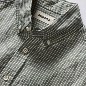 material shot of the collar on The Jack in Cilantro Stripe Linen, Wovens by Taylor Stitch