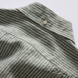 material shot of the back collar button on The Jack in Cilantro Stripe Linen, Wovens by Taylor Stitch