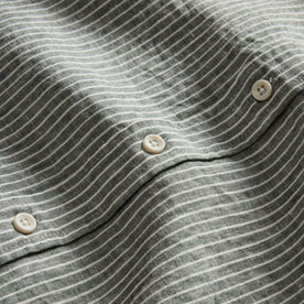 material shot of the buttons on The Jack in Cilantro Stripe Linen, Wovens by Taylor Stitch