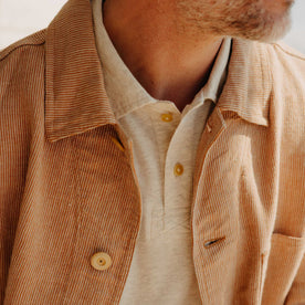 fit model showing off the collar on The Ojai Jacket in Chili Stripe Linen, Outerwear by Taylor Stitch