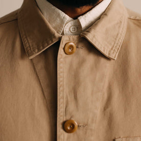 fit model showing off the buttons on The Ojai Jacket in Organic Light Khaki Foundation Twill, Outerwear by Taylor Stitch