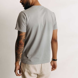 fit model showing off the back of The Organic Cotton Tee in Overcast, Knits by Taylor Stitch