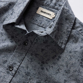 material shot of the collar on The Short Sleeve California in Blue Chambray Botanical, Wovens by Taylor Stitch