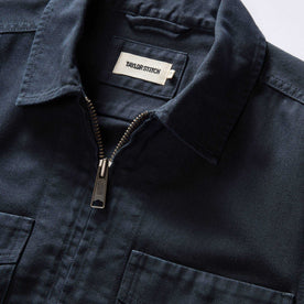 material shot of the collar on The Station Jacket in Dark Navy Broken Twill, Outerwear by Taylor Stitch