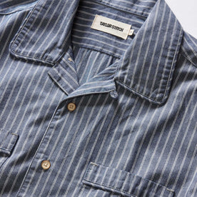 material shot of the collar on The Tulum Shirt in Midnight Stripe, Wovens by Taylor Stitch