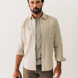 fit model posing in The Utility Shirt in Natural Nep, Wovens by Taylor Stitch