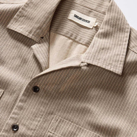 material shot of the collar on The Conrad Shirt in Black Coffee Stripe, Wovens by Taylor Stitch