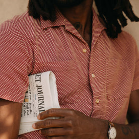 fit model showing off the pockets on The Conrad Shirt in Fired Brick Dobby, Wovens by Taylor Stitch