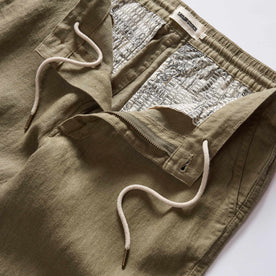 material shot of the inside pockets on The Easy Pant in Olive Linen, Bottoms by Taylor Stitch