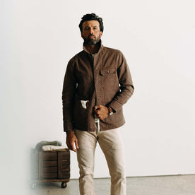 fit model posing wearing The Fremont Jacket in Aged Penny Chipped Canvas, Outerwear by Taylor Stitch