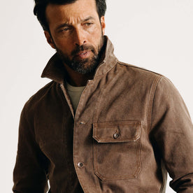 fit model showing off the pocket on The Fremont Jacket in Aged Penny Chipped Canvas, Outerwear by Taylor Stitch