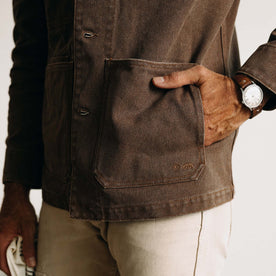 fit model with his hand in his pocket wearing The Fremont Jacket in Aged Penny Chipped Canvas, Outerwear by Taylor Stitch