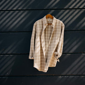 editorial image of The Jack in Heather Flax Plaid on a hanger, Wovens by Taylor Stitch