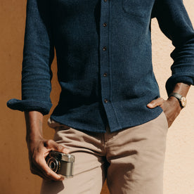 fit model with his hand in his pocket wearing The Jack in Indigo Waffle, Wovens by Taylor Stitch