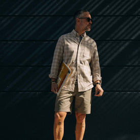 fit model posing in The Matlow Short in Baked Soil Herringbone, Bottoms by Taylor Stitch