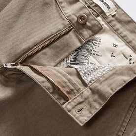 material shot of the zipper on The Matlow Short in Baked Soil Herringbone, Bottoms by Taylor Stitch