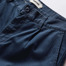 material shot of the waistband on The Matlow Short in Dark Navy Herringbone, Bottoms by Taylor Stitch