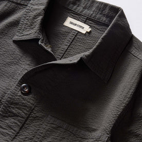 material shot of the collar on The Ojai Jacket in Faded Black Seersucker, Outerwear by Taylor Stitch