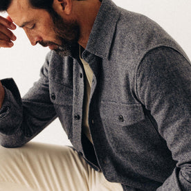 fit model posing in The Point Shirt in Heather Blue Linen Tweed, Wovens by Taylor Stitch