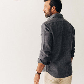 fit model showing off the back of The Point Shirt in Heather Blue Linen Tweed, Wovens by Taylor Stitch