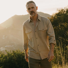 fit model walking wearing The Point Shirt in Heather Oat Linen Tweed, Wovens by Taylor Stitch