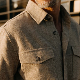 fit model showing off the collar on The Point Shirt in Heather Oat Linen Tweed, Wovens by Taylor Stitch