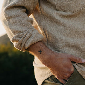 fit model showing off texture on The Point Shirt in Heather Oat Linen Tweed, Wovens by Taylor Stitch