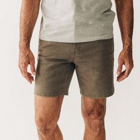 fit model showing off The Camp Short in Stone Chipped Canvas, Bottoms by Taylor Stitch