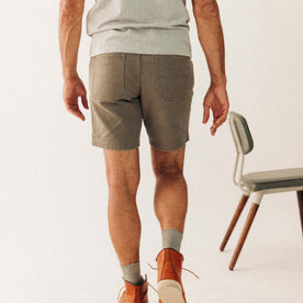 fit model showing the back of The Camp Short in Stone Chipped Canvas, Bottoms by Taylor Stitch