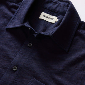 material shot of the collar on The Short Sleeve California in Rinsed Indigo Slub, Wovens by Taylor Stitch