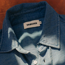 editorial image of the collar on The Short Sleeve California in Washed Indigo Slub, Wovens by Taylor Stitch