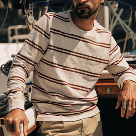 fit model in The Colton Crew in Oat Heathered Stripe, Knits by Taylor Stitch